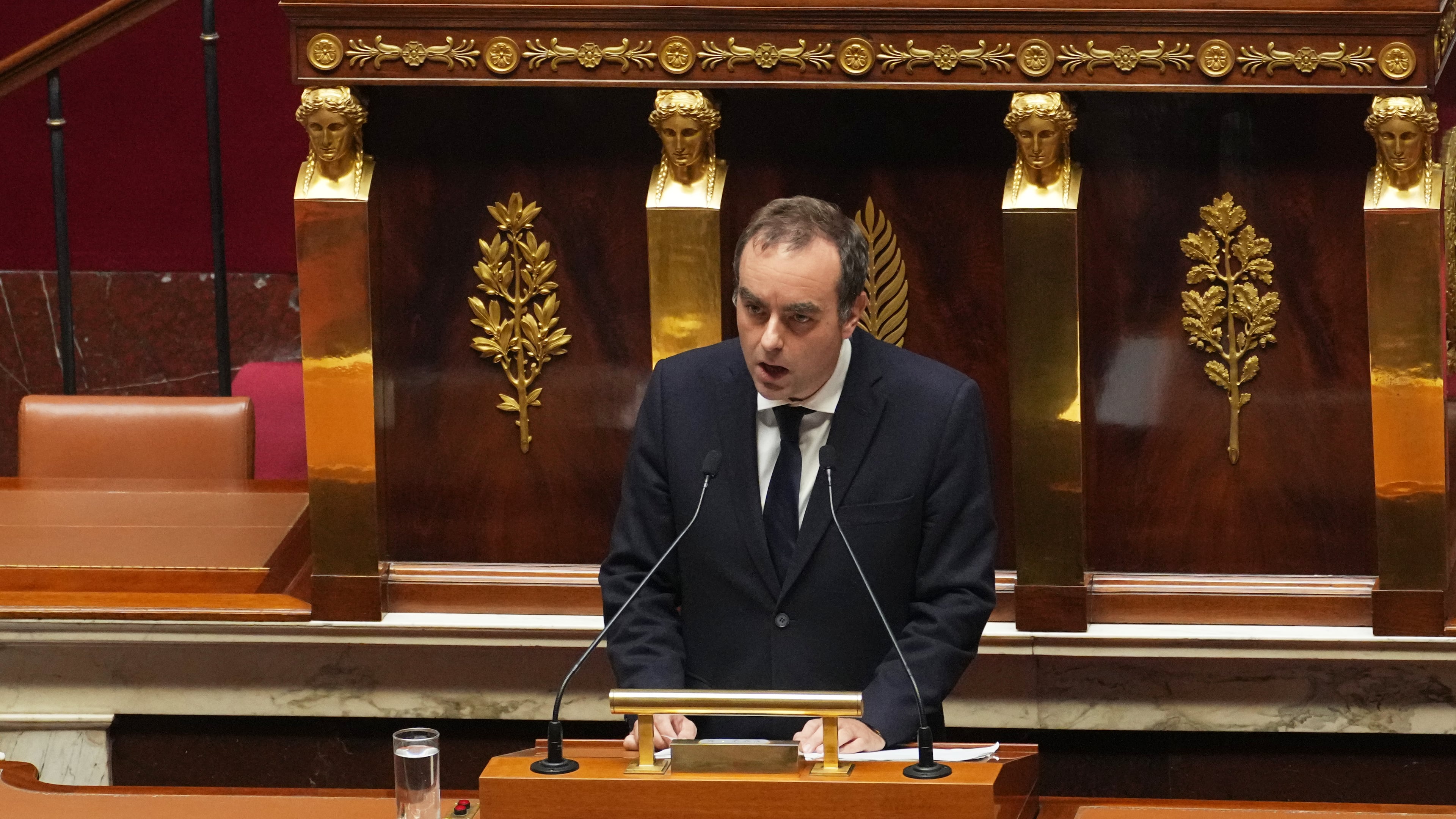 French Prime Minister Sebastien Lecornu delivers his policy speech at the National Assembly, Tuesday, Oct. 14, 2025 in Paris. (AP Photo/Thibault Camus)