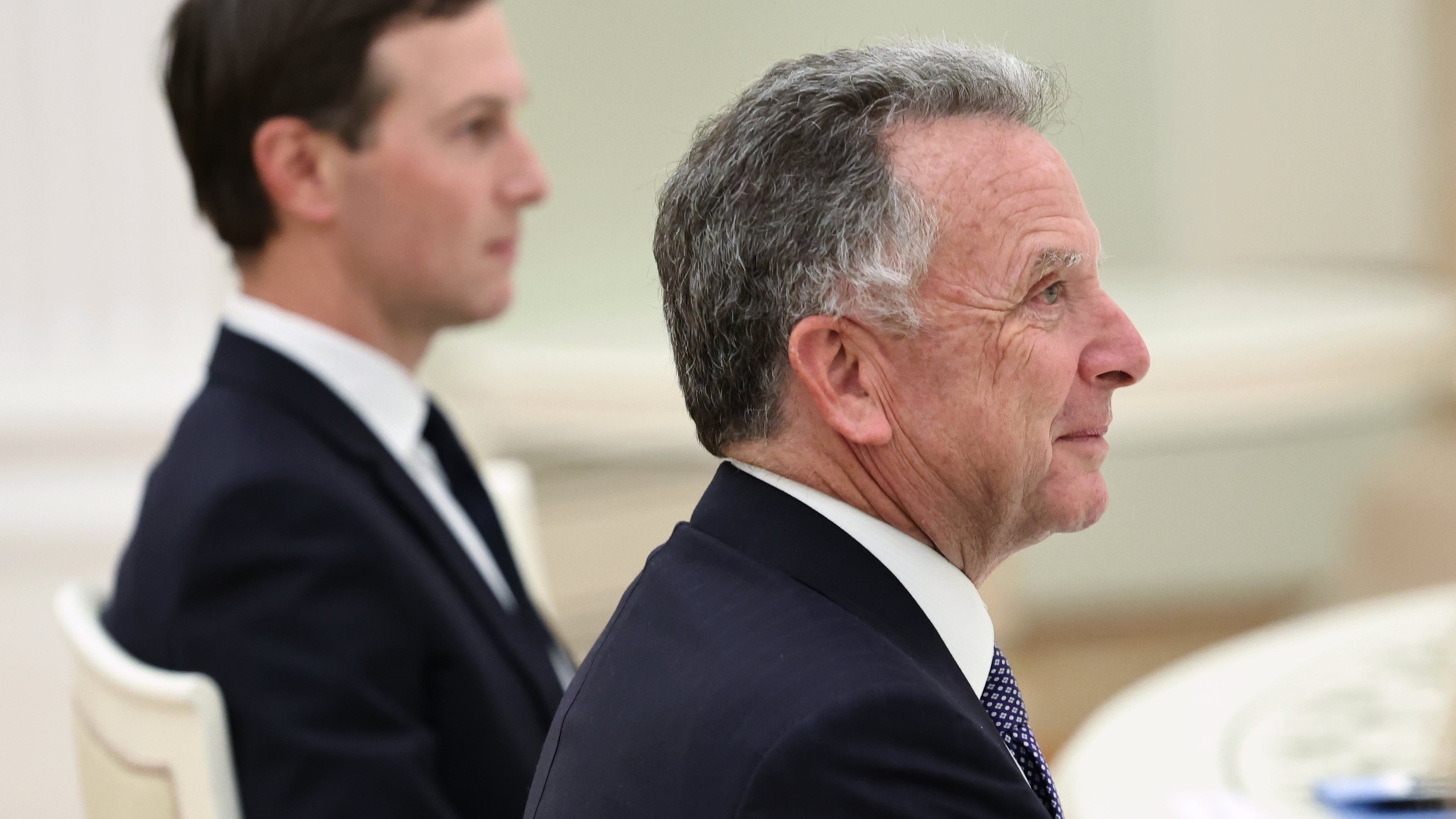 U.S. special envoy Steve Witkoff, foreground, and Jared Kushner, U.S. President Donald Trump's son-in-law, attend the talks with Russian President Vladimir Putin at the Senate Palace of the Kremlin in Moscow, Russia, Tuesday, Dec. 2, 2025. (Alexander Kazakov, Sputnik, Kremlin Pool Photo via AP)
