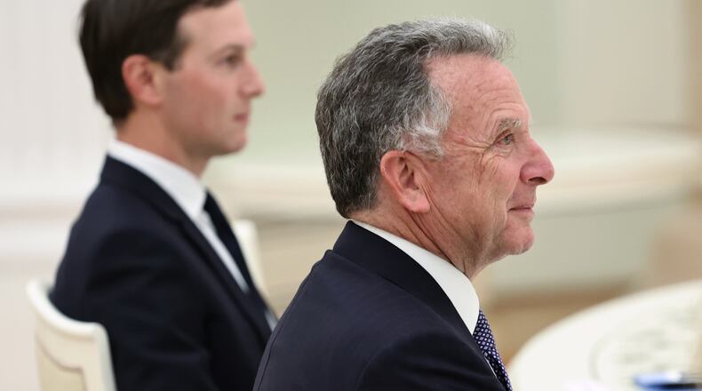 U.S. special envoy Steve Witkoff, foreground, and Jared Kushner, U.S. President Donald Trump's son-in-law, attend the talks with Russian President Vladimir Putin at the Senate Palace of the Kremlin in Moscow, Russia, Tuesday, Dec. 2, 2025. (Alexander Kazakov, Sputnik, Kremlin Pool Photo via AP)