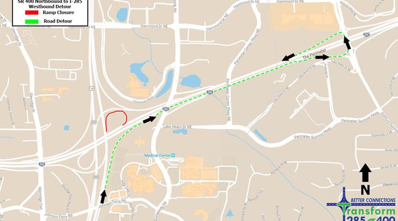 Map depicts the recommended detour when the ramp from northbound Ga. 400 to westbound I-285 is closed. GEORGIA DEPARTMENT OF TRANSPORTATION