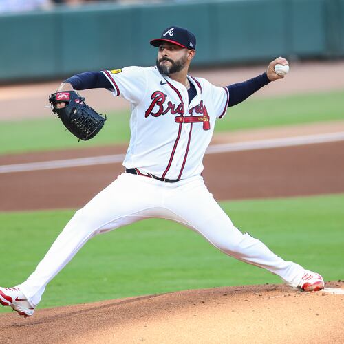 Atlanta Braves pitcher Martín Pérez delivers in the first inning of a baseball game against the San Diego Padres, Wednesday, July 22, 2026, in Atlanta. (AP Photo/Colin Hubbard)