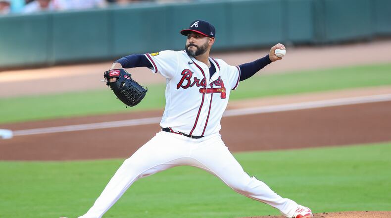 Atlanta Braves pitcher Martín Pérez delivers in the first inning of a baseball game against the San Diego Padres, Wednesday, July 22, 2026, in Atlanta. (AP Photo/Colin Hubbard)