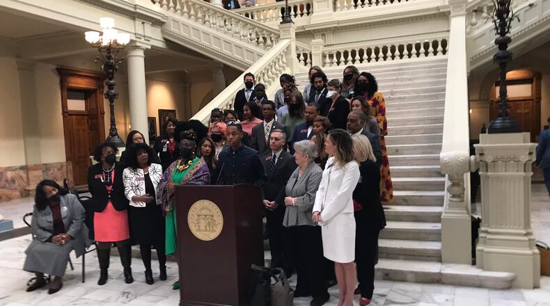 Students from Savannah speak at the Georgia state Capitol on March 29, 2022, in opposition to House Bill 1084, which became the state’s divisive concepts law. The students weren’t allowed to speak at a committee meeting a day earlier. The committee chair said there was a time crunch. (Courtesy photo)