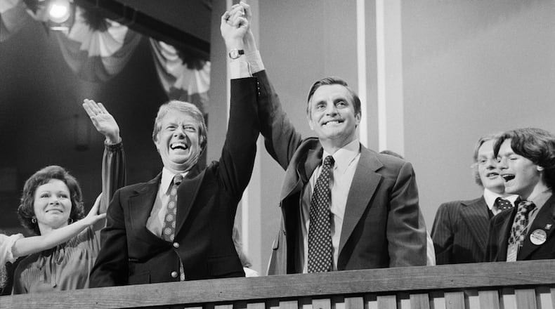 Rosalynn Carter, Jimmy Carter and Walter Mondale at the 1976 Democratic National Convention in New York City. (Circa Images/Glasshouse via ZUMA Wire/TNS)