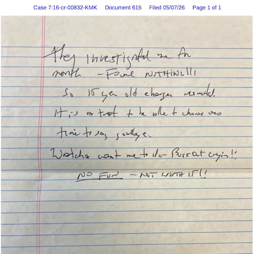 This document, released Thursday, May 7, 2026, by the U.S. District Court for the Southern District of New York, shows a note that Jeffrey Epstein’s former cellmate said he found after Epstein’s reported suicide attempt in July 2019. (U.S. District Court for the Southern District of New York via AP)