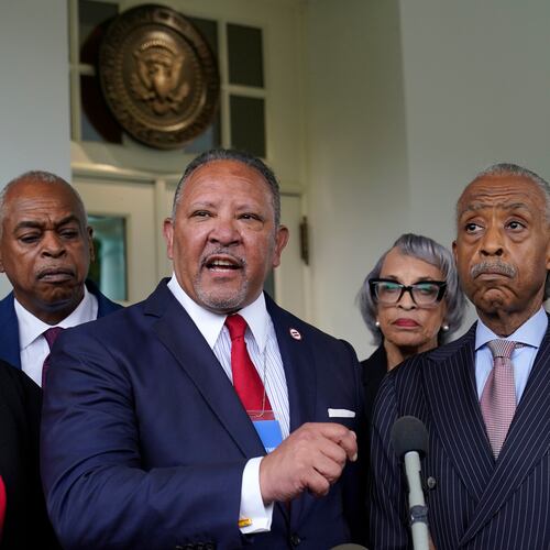 FILE - Marc Morial, center, President and Chief Executive Officer of the National Urban League, talks with reporters outside the West Wing of the White House in Washington, July 8, 2021, following a meeting with President Joe Biden and leadership of top civil rights organizations. (AP Photo/Susan Walsh, File)