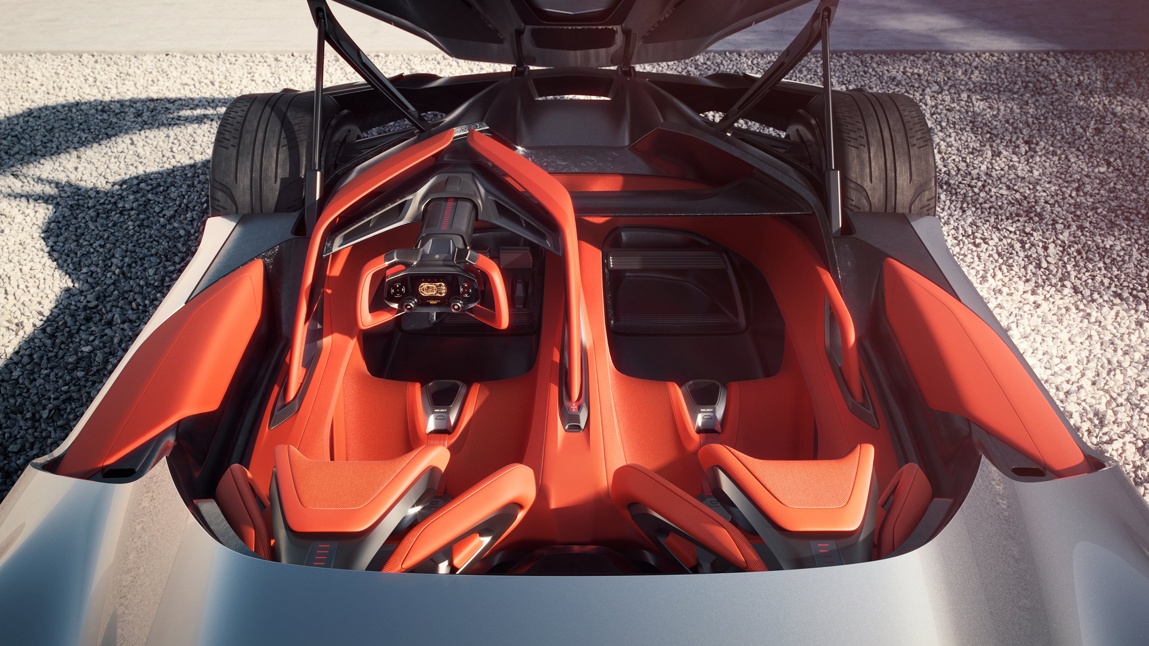Inside, the CX features deep red, ballistic-textile seats, premium silicone leather, milled aluminum details and low-gloss forged carbon. (Courtesy of Chevrolet)