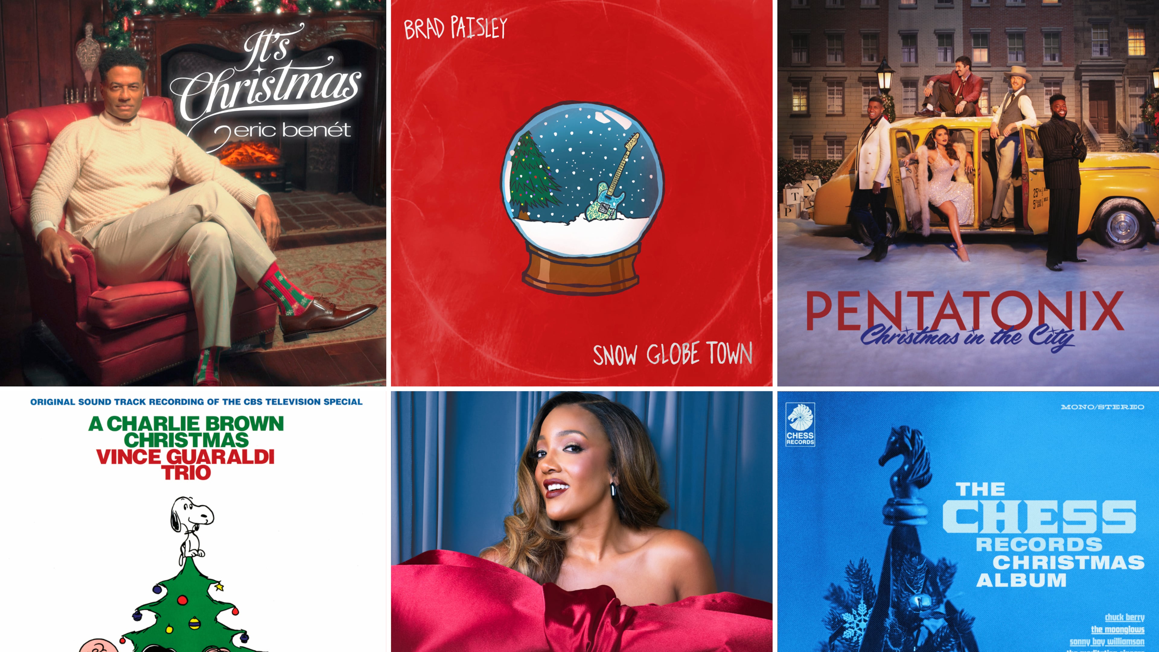 This combination of cover images shows "It's Christmas" by Eric Benet, top row from left, "Snow Globe Town" by Brad Paisley, "Christmas in the City" by Pentatonix, "A Charlie Brown Christmas," "Feels Like Christmas" by Mickey Guyton, and "The Chess Records Christmas Album." (JBR Records/Mercury Nashville/Republic Records/Craft Recordings/MCA Nashville/Chess Records via AP)