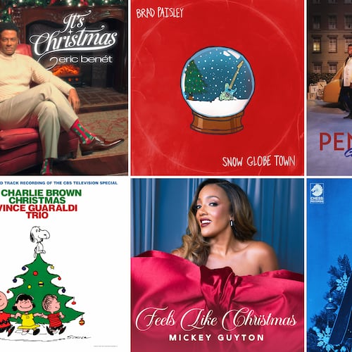 This combination of cover images shows "It's Christmas" by Eric Benet, top row from left, "Snow Globe Town" by Brad Paisley, "Christmas in the City" by Pentatonix, "A Charlie Brown Christmas," "Feels Like Christmas" by Mickey Guyton, and "The Chess Records Christmas Album." (JBR Records/Mercury Nashville/Republic Records/Craft Recordings/MCA Nashville/Chess Records via AP)