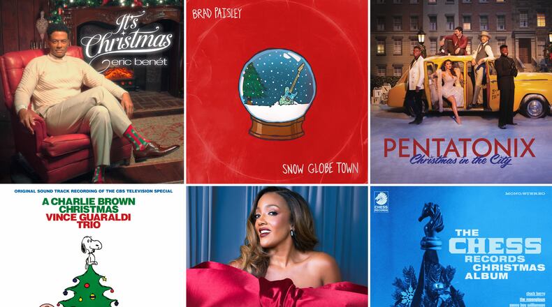 This combination of cover images shows "It's Christmas" by Eric Benet, top row from left, "Snow Globe Town" by Brad Paisley, "Christmas in the City" by Pentatonix, "A Charlie Brown Christmas," "Feels Like Christmas" by Mickey Guyton, and "The Chess Records Christmas Album." (JBR Records/Mercury Nashville/Republic Records/Craft Recordings/MCA Nashville/Chess Records via AP)