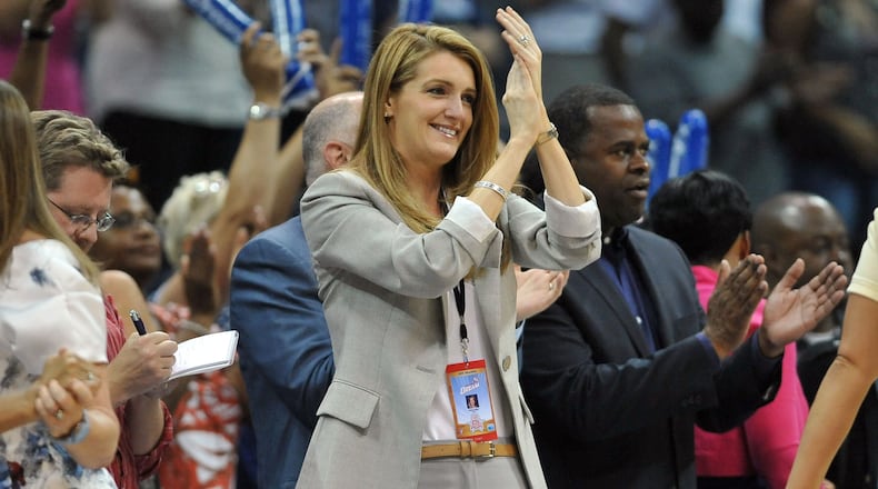 Atlanta Dream co-owner Kelly Loeffler cheers for the team during 2nd half action in the home opener at Philips Arena in Atlanta on Friday, May 25, 2012. Atlanta Dream won 100 - 74 over the New York Liberty. HYOSUB SHIN / HSHIN@AJC.COM