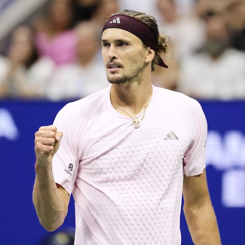 Alexander Zverev, of Germany, reacts after winning a point against Botic van de Zandschulp, of the Netherlands, during the quarterfinal round of the U.S. Open tennis championships, Wednesday, Sept. 9, 2026, in New York. (AP Photo/Adam Hunger)