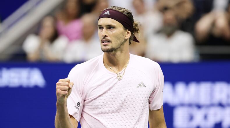 Alexander Zverev, of Germany, reacts after winning a point against Botic van de Zandschulp, of the Netherlands, during the quarterfinal round of the U.S. Open tennis championships, Wednesday, Sept. 9, 2026, in New York. (AP Photo/Adam Hunger)