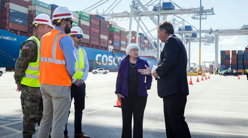 U.S. Treasury Secretary Janet Yellen meets with Georgia Ports Authority’s President and CEO Griff Lynch, right, and members of the Army Corps of Engineers during a tour of the Port of Savannah Garden City Terminal on Friday. (GPA Photo/Stephen B. Morton)