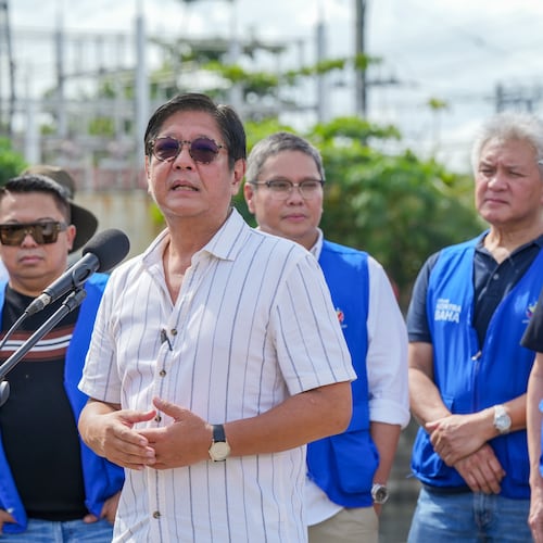 In this photo provided by the Malacanang Presidential Communications Office, Philippine President Ferdinand Marcos Jr., speaks during the launching of Metro Cebu Waterways Clearing in Cebu city, central Philippines, Friday Nov. 21, 2025. (Malacanang Presidential Communications Office via AP)