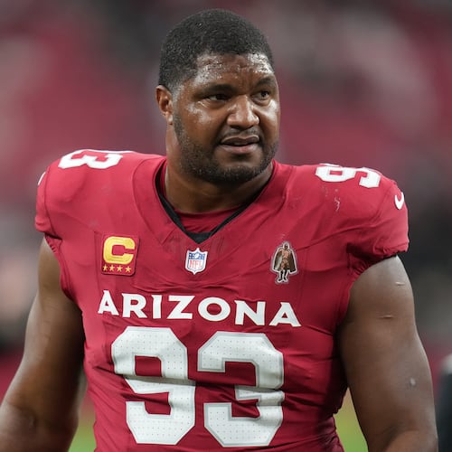 FILE - Arizona Cardinals defensive tackle Calais Campbell (93) during an NFL football game against the Jacksonville Jaguars on Nov. 23, 2025, in Glendale. (AP Photo/Rick Scuteri, File)