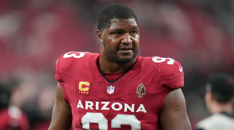 FILE - Arizona Cardinals defensive tackle Calais Campbell (93) during an NFL football game against the Jacksonville Jaguars on Nov. 23, 2025, in Glendale. (AP Photo/Rick Scuteri, File)