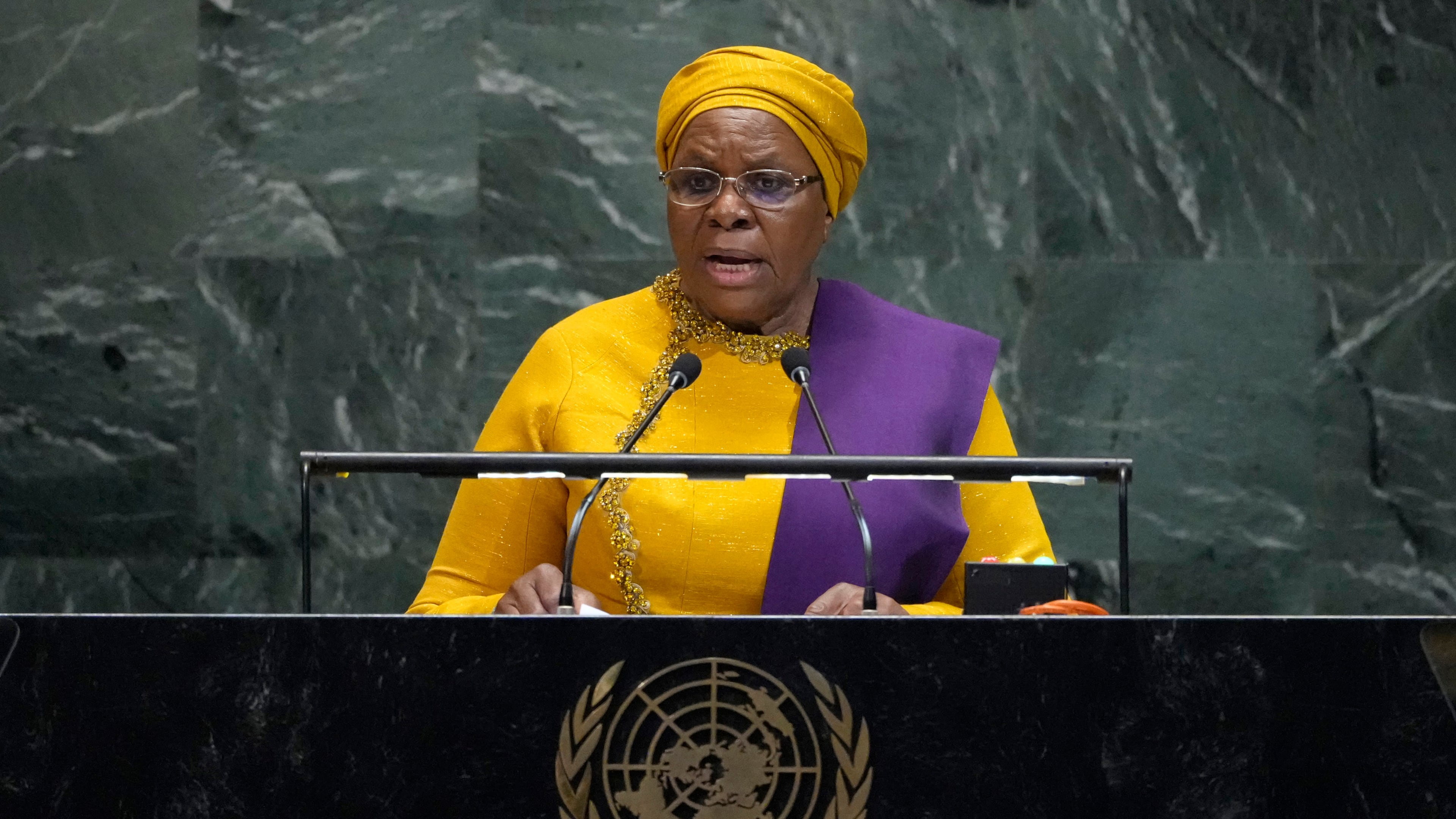 President of Namibia Netumbo Nandi-Ndaitwah addresses the 80th session of the United Nations General Assembly, Wednesday, Sept. 24, 2025, at U.N. headquarters. (AP Photo/Pamela Smith)