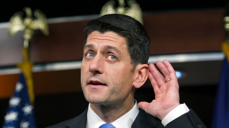 House Speaker Paul Ryan of Wis. meets with reporters on Capitol Hill in Washington, Thursday, May 12, 2016, following his meeting with Republican presidential candidate Donald Trump. (AP Photo/Cliff Owen)