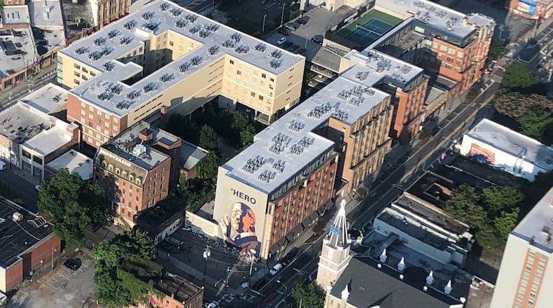 The John Lewis mural in the Sweet Auburn District of Downtown Atlanta on Monday, July 27th, 2020. Credit: Doug Turnbull, WSB Skycopter.