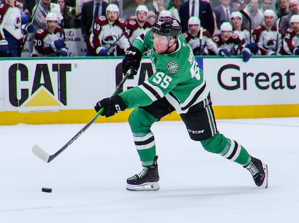 Dallas Stars defenseman Thomas Harley (55) scores during the first period of Game 5 of a first-round NHL hockey playoff series against the Colorado Avalanche in Dallas, Monday, April 28, 2025. (AP Photo/Gareth Patterson)
