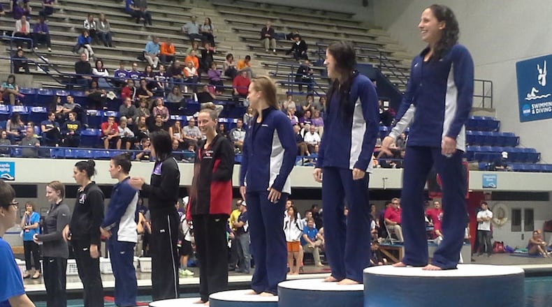 A sweep: Emory's Elizabeth Aronoff (right), Megan Beach (second from right) and Annelise Kowalsky (third from right) finished one-two-three in the 200-yard breaststroke.