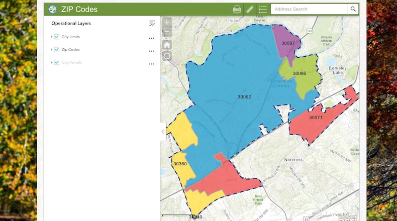 Peachtree Corners has launched a new Geographic Information System Mapping Service. One of many features allows visitors to verify zip codes. Courtesy City of Peachtree Corners
