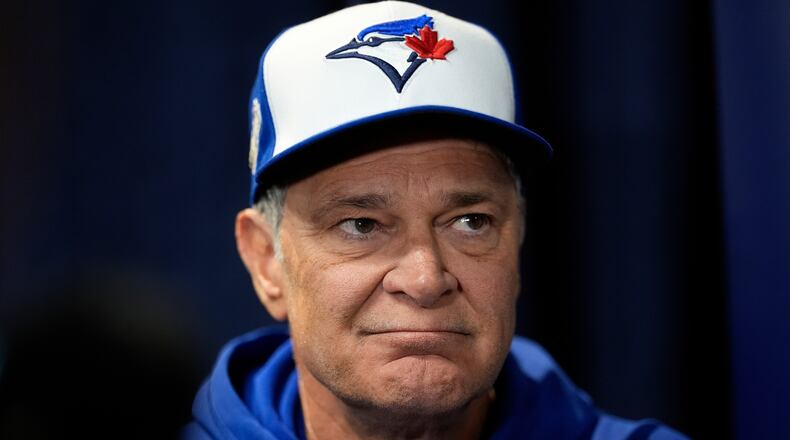 FILE - Toronto Blue Jays bench coach Don Mattingly speaks during a World Series baseball media day, Thursday, Oct. 23, 2025, in Toronto. (AP Photo/David J. Phillip, file)