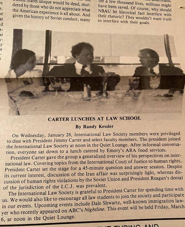 Randall Kessler shows a brief article about a 1988 luncheon he threw for Jimmy Carter, while he was at Emory Law School.