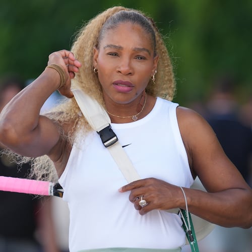 Serena Williams of the United States arrives to practice one day ahead of the start of the Wimbledon Tennis Championships in London, Sunday, June 28, 2026. (AP Photo/Kin Cheung)