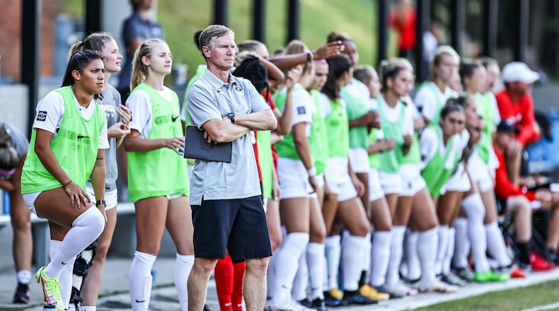 Georgia soccer coach Billy Lesesne watches from the sideline during the a match against Wofford at the Turner Soccer Complex in Athens on Sunday, Sept. 5, 2021. (Photo by Tony Walsh/UGA Athletics)