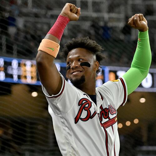 Braves right fielder Ronald Acuña Jr. celebrates on Saturday, March 28, 2026, at Truist Park in Atlanta. The Braves have a six-game homestand starting Friday against the Guardians before the Marlins come to town Monday. (Hyosub Shin/AJC)