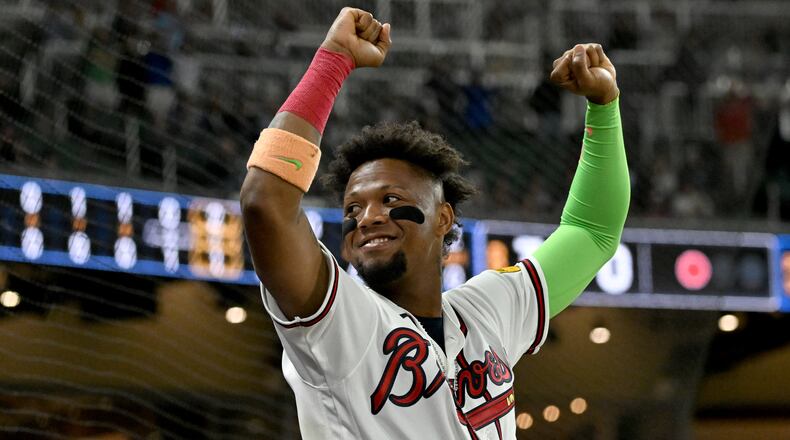 Braves right fielder Ronald Acuña Jr. celebrates on Saturday, March 28, 2026, at Truist Park in Atlanta. The Braves have a six-game homestand starting Friday against the Guardians before the Marlins come to town Monday. (Hyosub Shin/AJC)