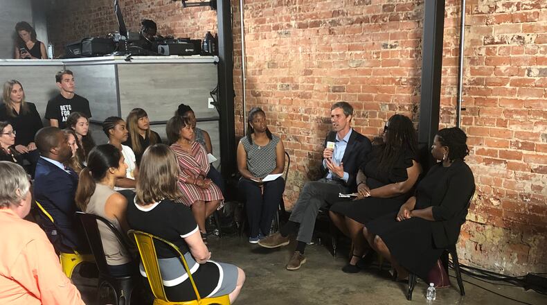 Beto O'Rourke speaks to a few dozen Georgia Democrats at his town hall event in Atlanta. AJC/Greg Bluestein