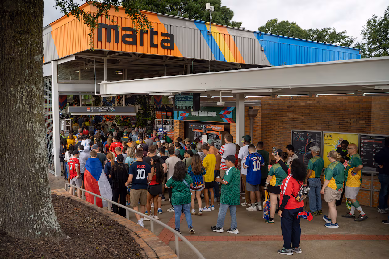 Fans wait in line to enter the Vine City MARTA station after a World Cup match on Thursday, June 18, 2026, in Atlanta. (Ben Hendren for the AJC)