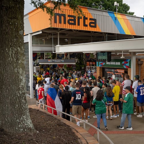 Fans wait in line to enter the Vine City MARTA station after a World Cup match on Thursday, June 18, 2026, in Atlanta. (Ben Hendren for the AJC)