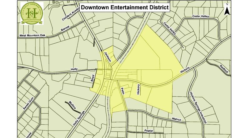 Study this map carefully if you plan to imbibe outdoors in Holly Springs. Public drinking will be allowed only within the boundaries of the newly created, downtown entertainment district. CITY OF HOLLY SPRINGS