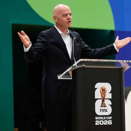 FIFA President Gianni Infantino makes comments during the opening ceremony of the International Broadcast Center Monday, June 1, 2026, in Dallas. (AP Photo/Tony Gutierrez)