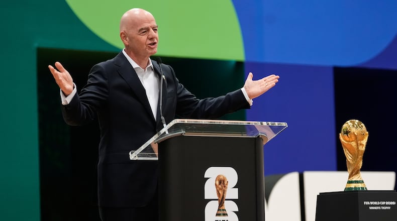 FIFA President Gianni Infantino makes comments during the opening ceremony of the International Broadcast Center Monday, June 1, 2026, in Dallas. (AP Photo/Tony Gutierrez)