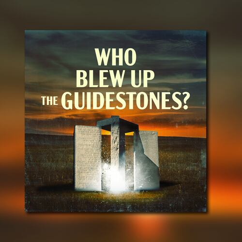 Key art of The Atlanta Journal-Constitution's "Who Blew Up The Guidestones?" six-part podcast. It's an illustration/image of the Georgia Guidestones with a sunset/sunrise behind them and a white flash of explosion in front of them.