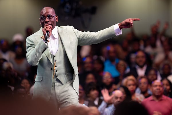 Pastor Jamal Bryant leads service at New Birth Missionary Baptist Church in Stonecrest on Sunday, Aug. 24, 2025. (Ben Gray for the AJC)
