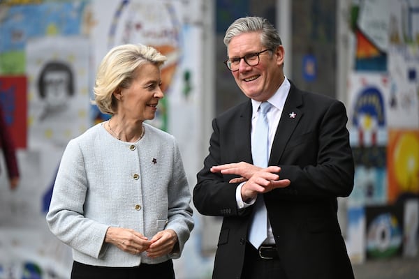 Ursula von der Leyen, President of the European Commission, left, and Keir Starmer, Prime Minister of the United Kingdom greet each other, ahead of their bilateral meeting at the 6th European Political Community summit Friday May 16, 2025 in Tirana, Albania. (Leon Neal/Pool via AP)