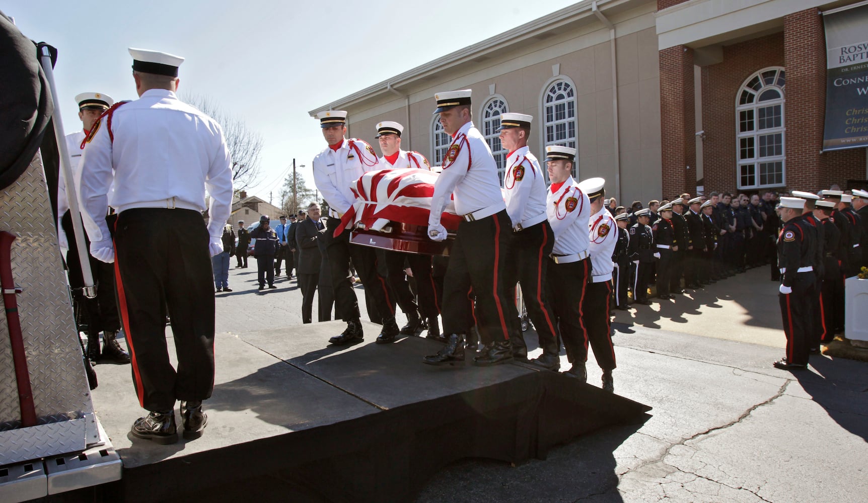 Services for Marietta firefighter Lonnie Lee Nutt at Roswell Street Baptist Church in Marietta