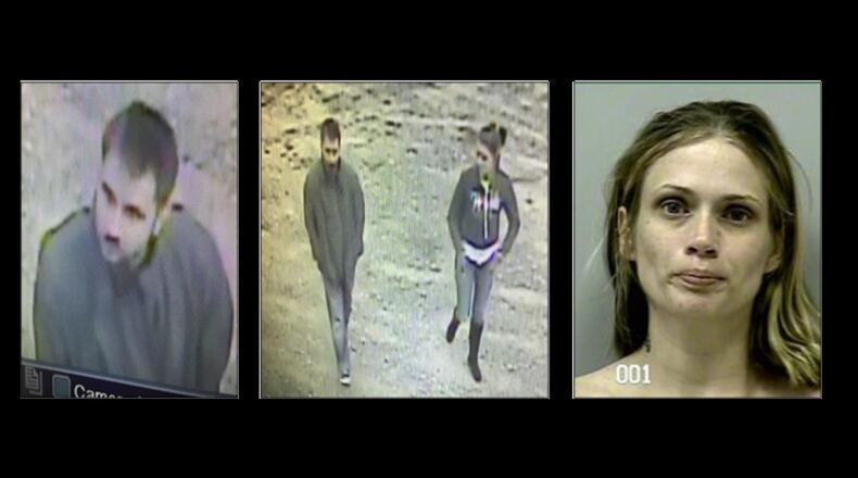 Gwinnett County police are looking for Katie Nicole Johnson, also known as Katie Pethel (right) and an unidentified man (left) in connection with recent storage unit thefts.