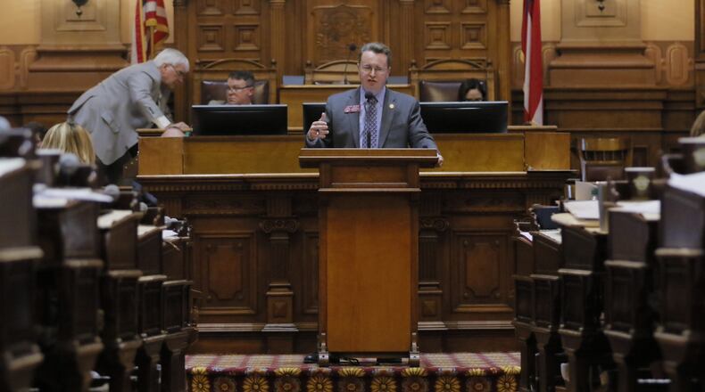 Rep. Kevin Tanner, chief sponsor of House Bill 338, explains his legislation on the House floor Wednesday when it was approved by a wide margin.