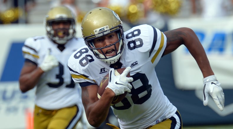 Former Georgia Tech wide receiver Darren Waller (88) was a sixth-round selection of the Baltimore Ravens on Saturday. HYOSUB SHIN / HSHIN@AJC.COM
