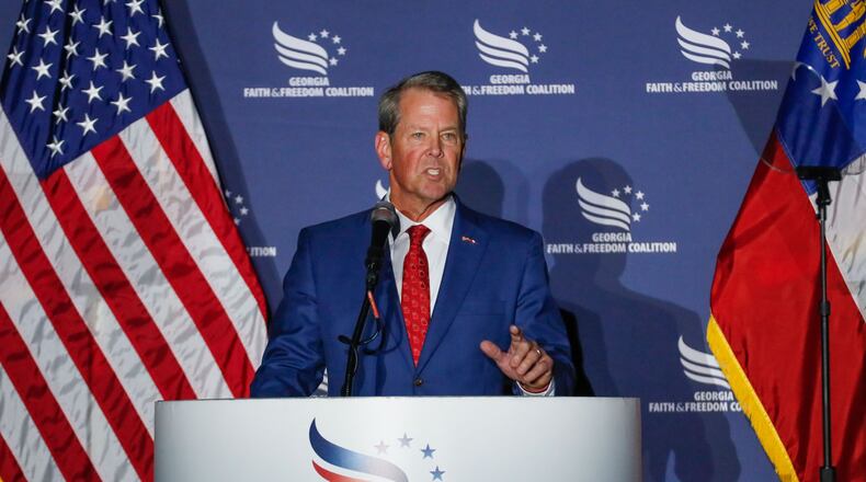 Georgia Gov. Brian Kemp deliver his remarks on Monday, September 16, 2024, during Georgia Faith & Freedom Coalition’s annual dinner at Cobb Galleria Centre in Atlanta.
(Miguel Martinez / AJC)