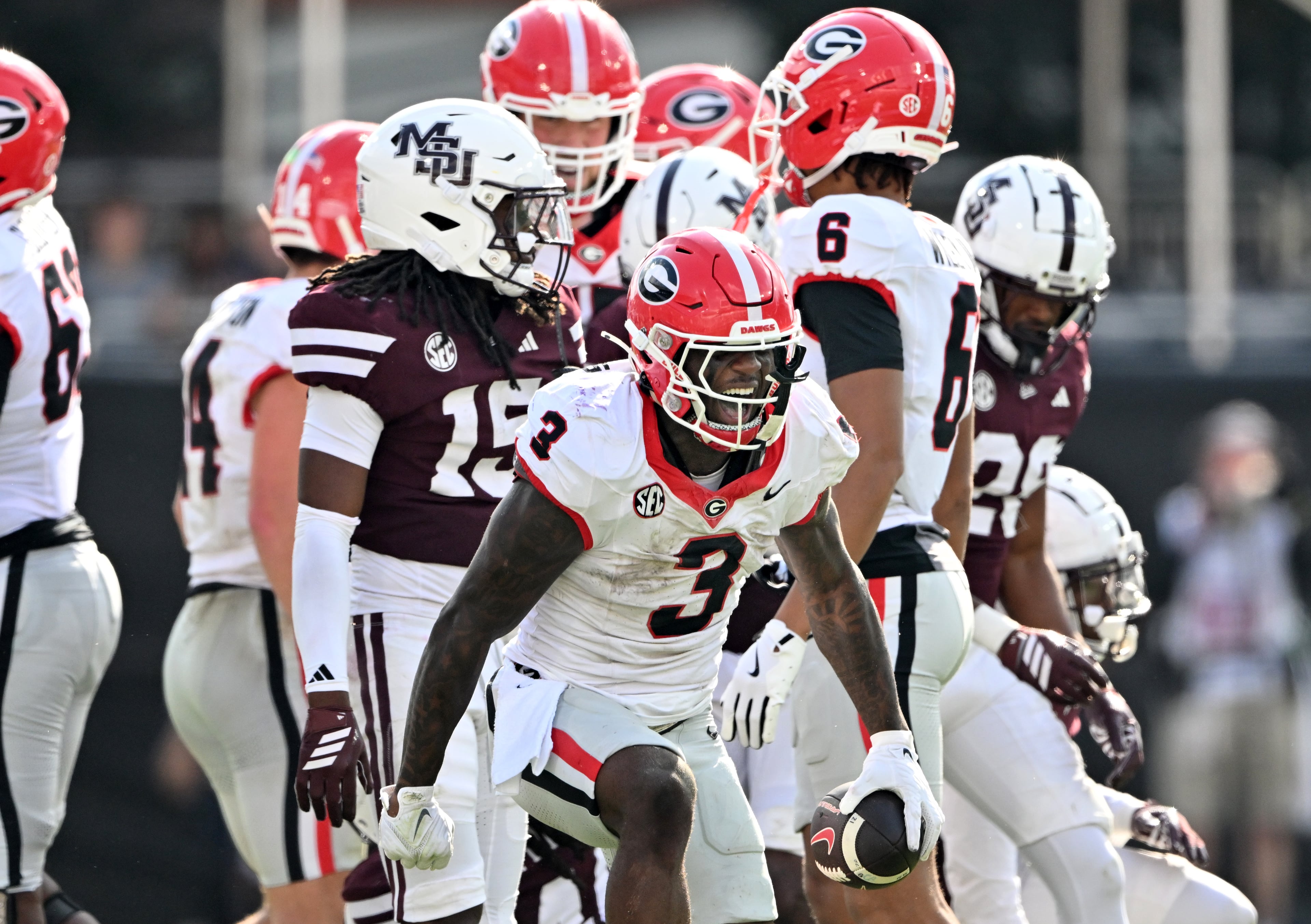 Georgia running back Nate Frazier (3) celebrates his first down during the second half in an NCAA football game at Davis Wade Stadium, Saturday, November 8, 2025, in Starkville, Mississippi. Georgia won 41-21 over Mississippi State. (Hyosub Shin / AJC)
