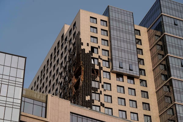 FILE - A multi-storey building is seen damaged by a Russian drone strike on Kyiv, Ukraine, Tuesday, June 10, 2025. (AP Photo/Evgeniy Maloletka, file)