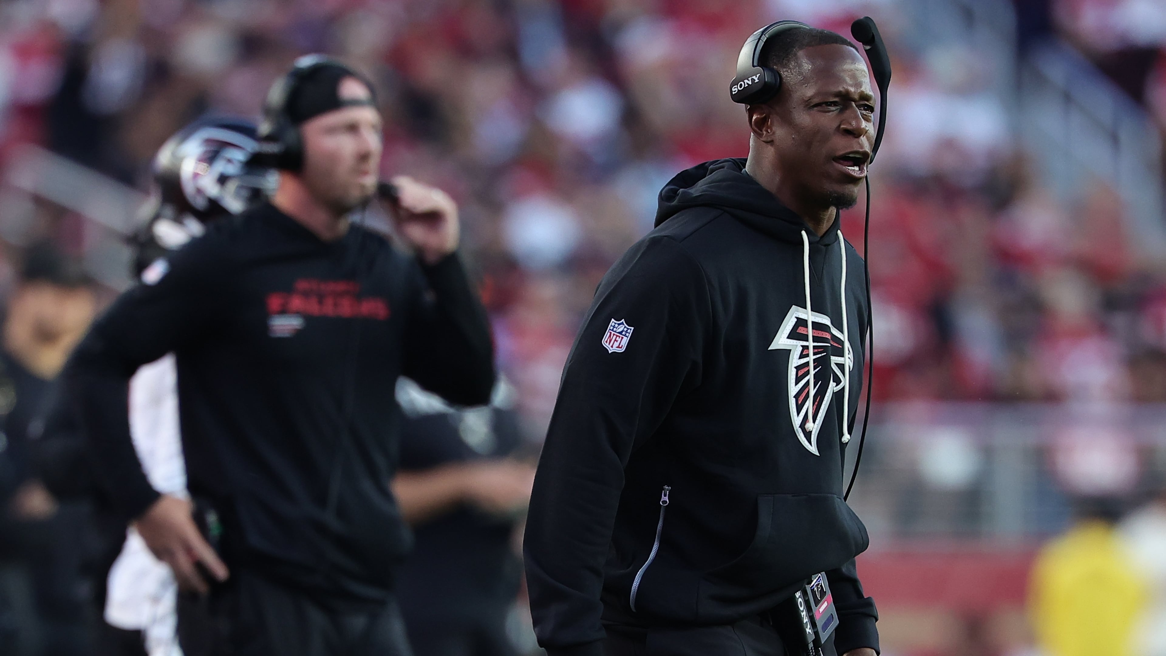 Atlanta Falcons head coach Raheem Morris speaks in the first half of an NFL football game against the San Francisco 49ers, Sunday, Oct. 19, 2025, in Santa Clara, Calif. (AP Photo/Kelley L Cox)